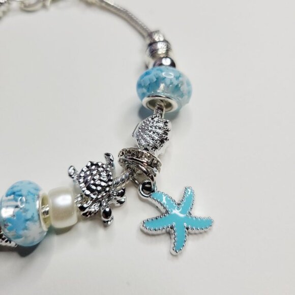 NWT Pandora Style Charm Bracelet Enameled Star Turtle Shells Pearl Silver Blue - Picture 3 of 6